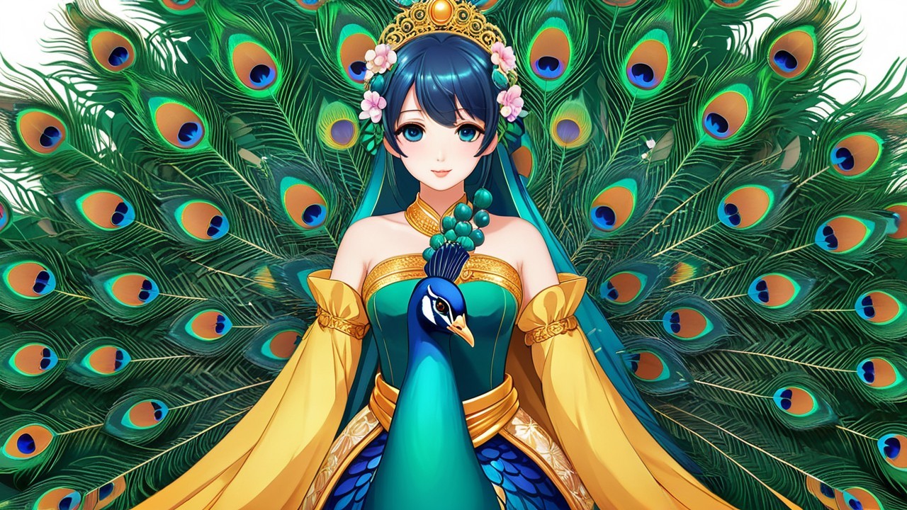 Stylized Woman in Peacock-Inspired Vibrant Attire
