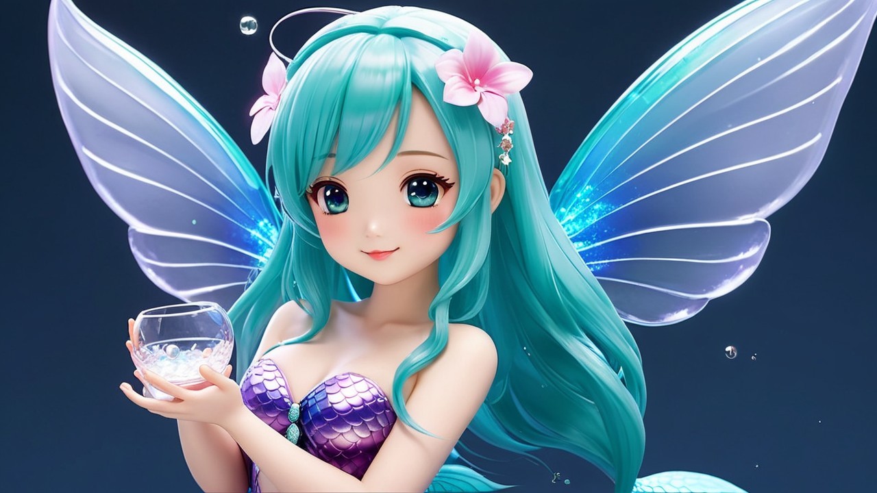Whimsical character with turquoise hair and fairy wings