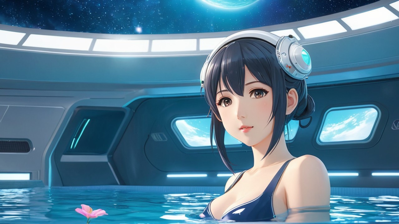 Young woman in headphones in tranquil space pool scene