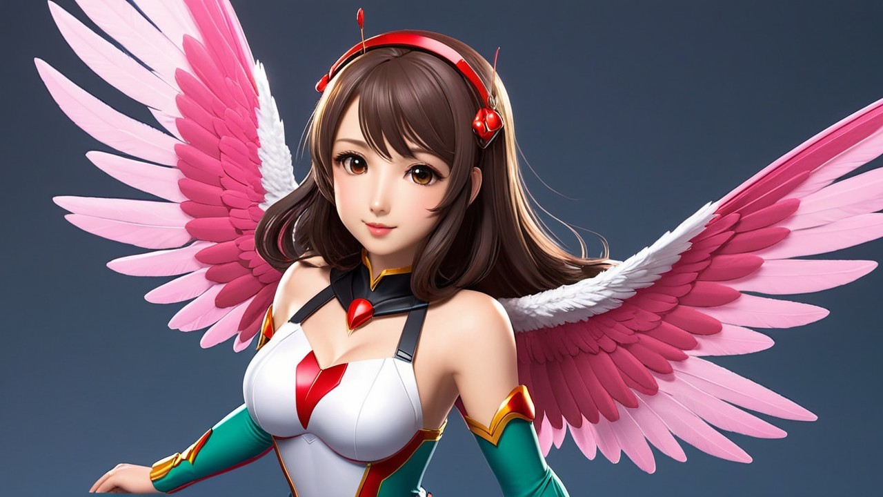 Character with Brown Hair and Pink Wings in Futuristic Outfit