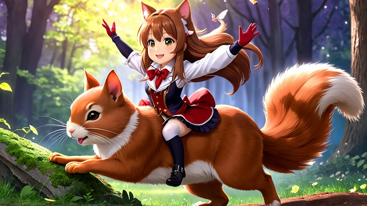 Cheerful girl in school uniform rides fluffy orange cat
