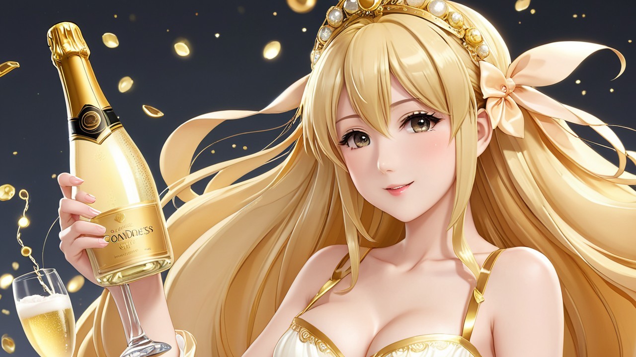 Glamorous Female Character in Golden Celebration Attire