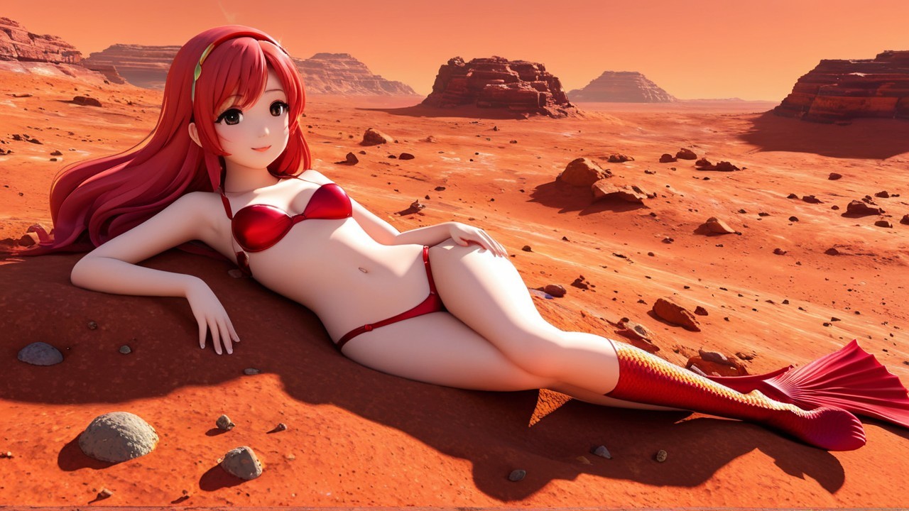 Vibrant Anime Mermaid in Red Rocky Desert Landscape