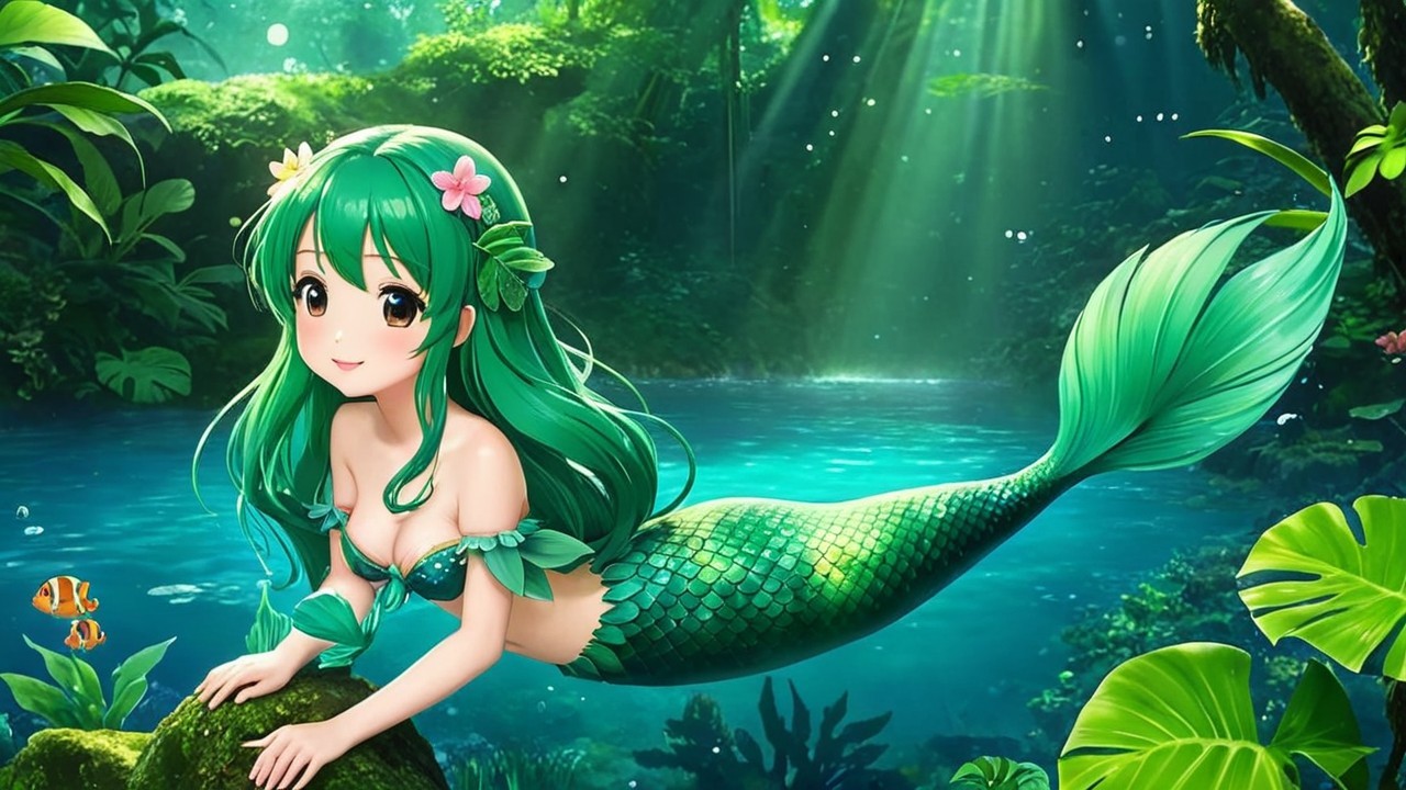 Animated mermaid in a tropical underwater setting