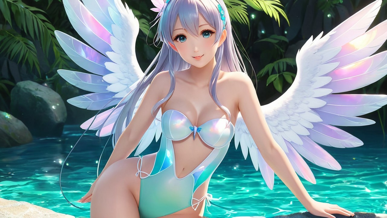 Fantastical Character with Iridescent Wings by Pool