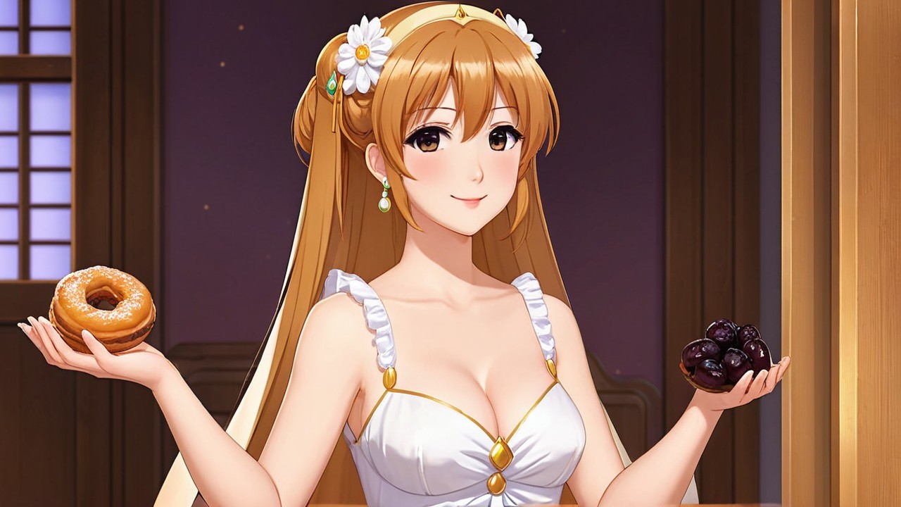 Cheerful anime girl with flowers and playful snacks