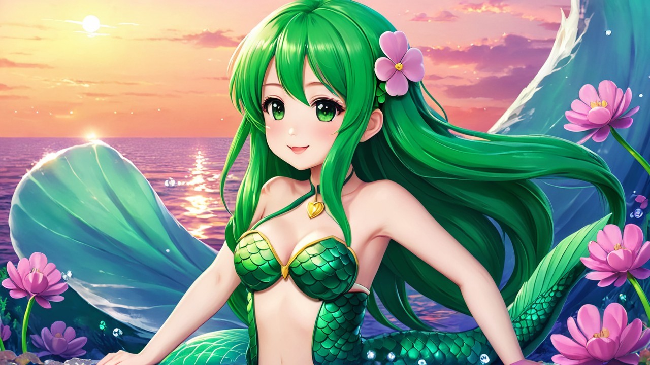Vibrant Mermaid by Ocean with Lotus Flowers at Sunset