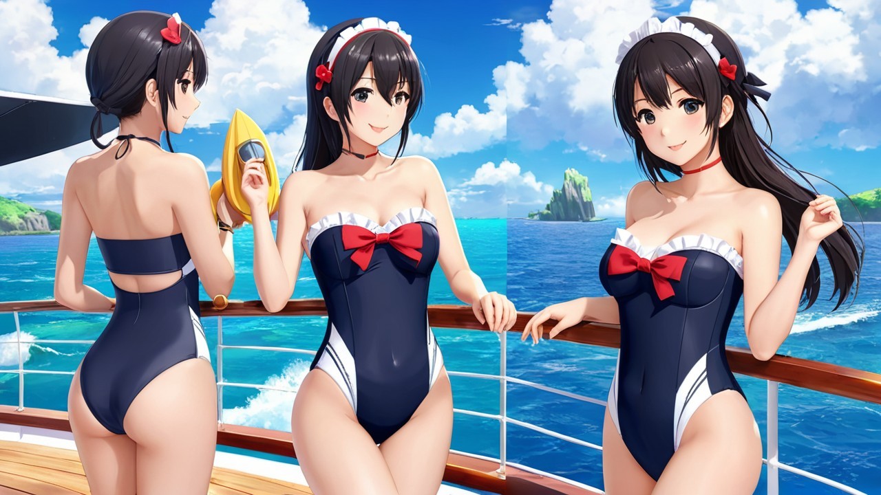 Anime Character in Sailor-Themed Swimsuit on Boat