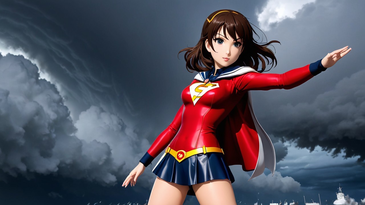 Heroic Character in Superhero Outfit Under Stormy Sky