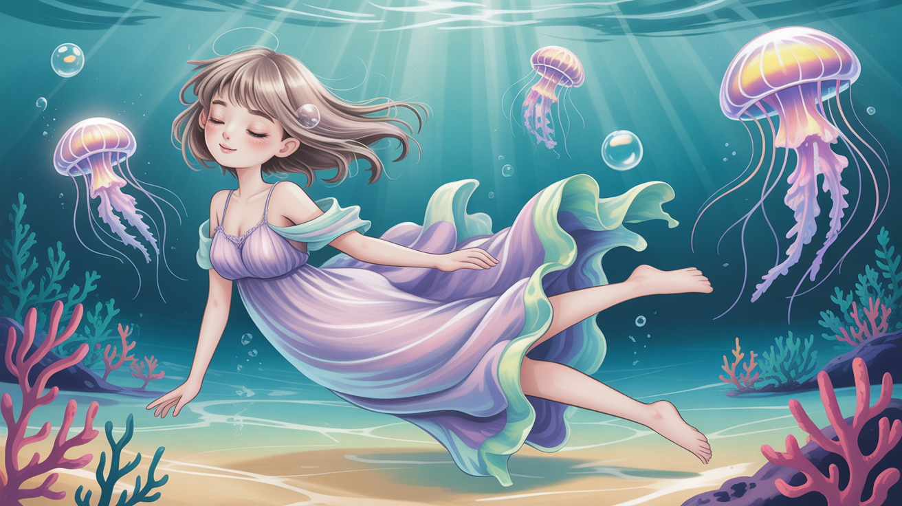 Anime Girl Floating Underwater with Jellyfish and Coral