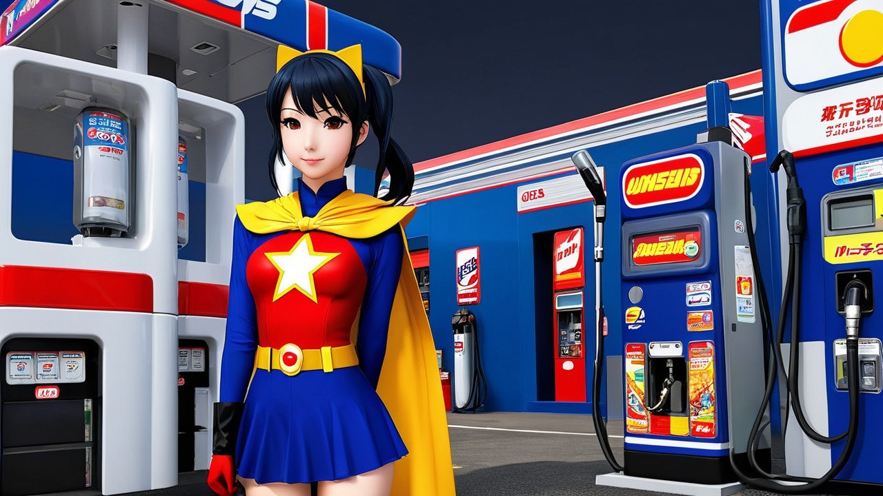 Stylized superhero character at a vibrant gas station