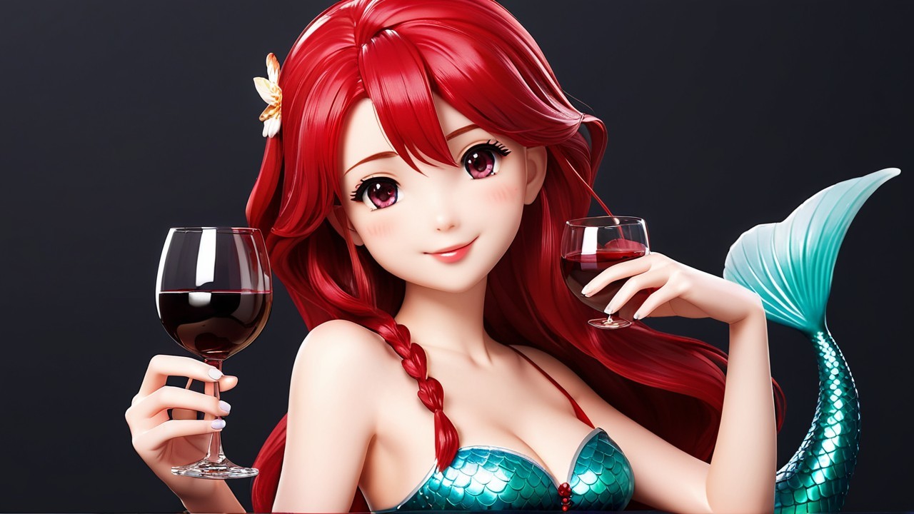 Mermaid with Red Hair and Pink Eyes Holding Wine Glasses