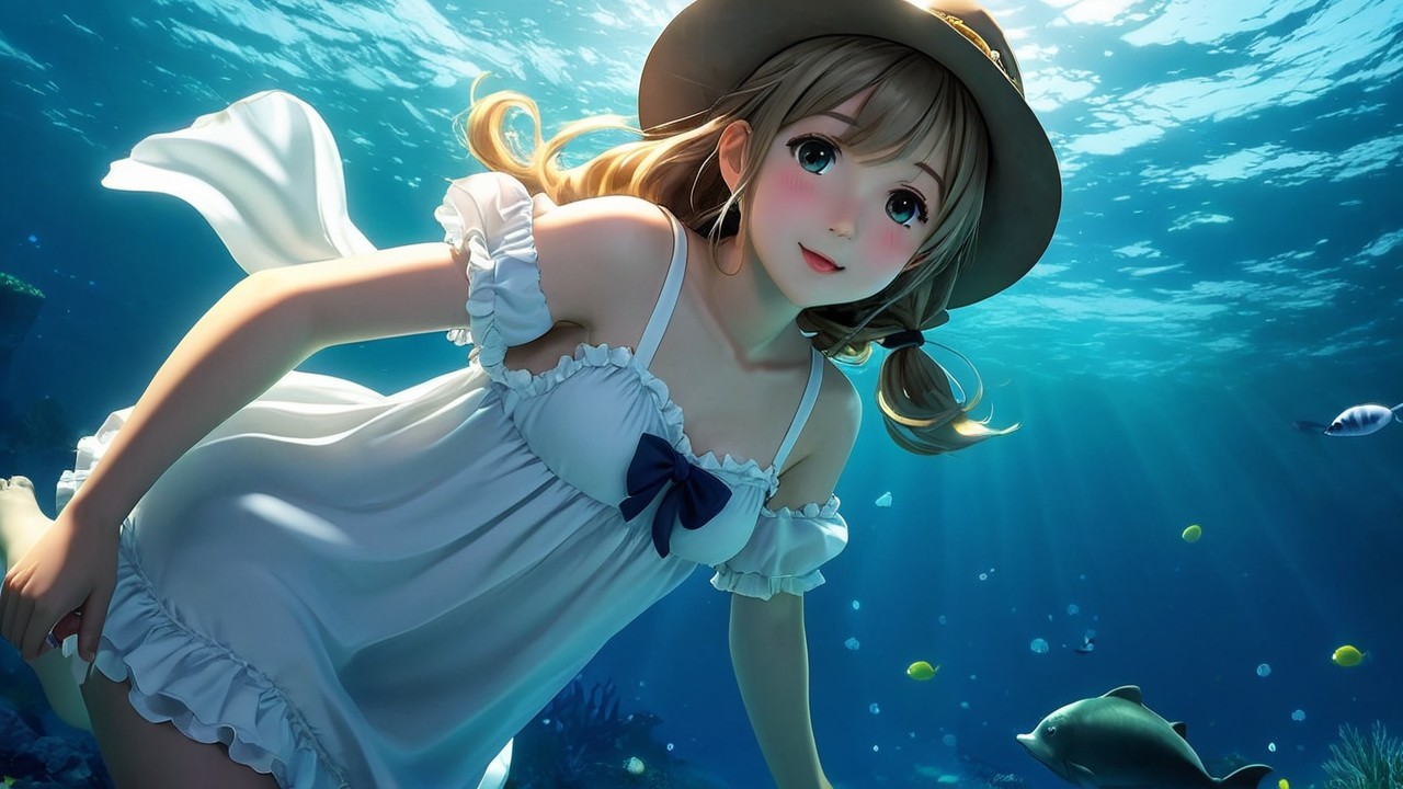 Cheerful girl swimming gracefully among colorful fish