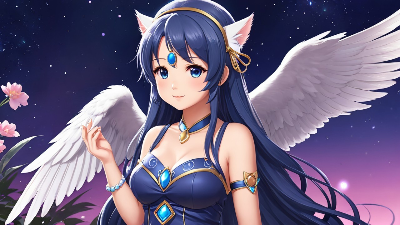 Fantasy character with blue hair and angelic wings