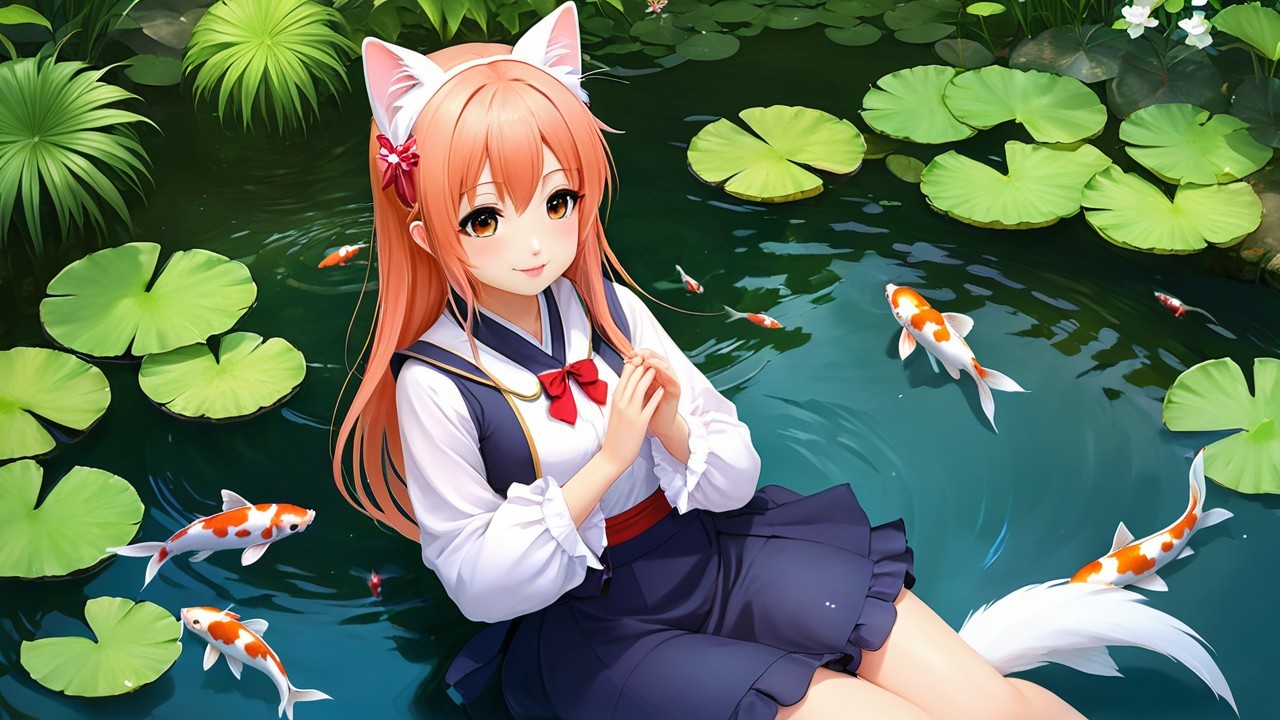 Young girl with cat ears by serene pond with koi fish
