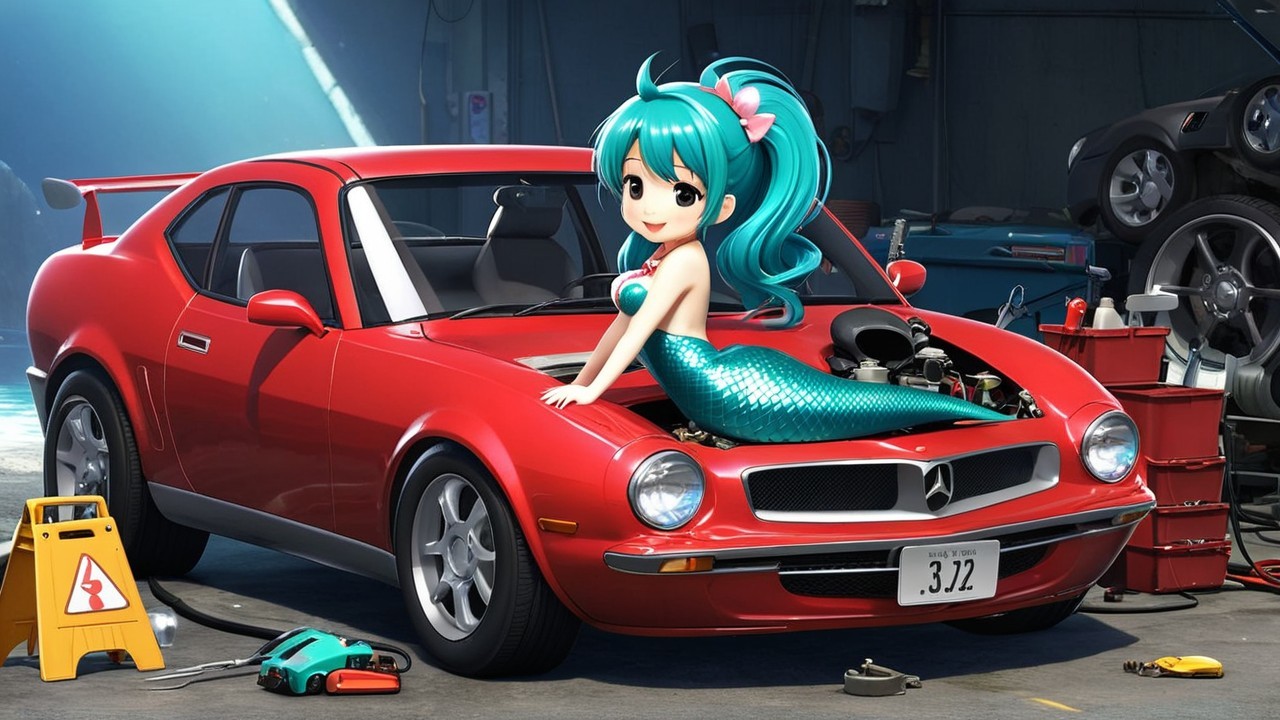 Vibrant Red Sports Car with Mermaid in Garage Setting
