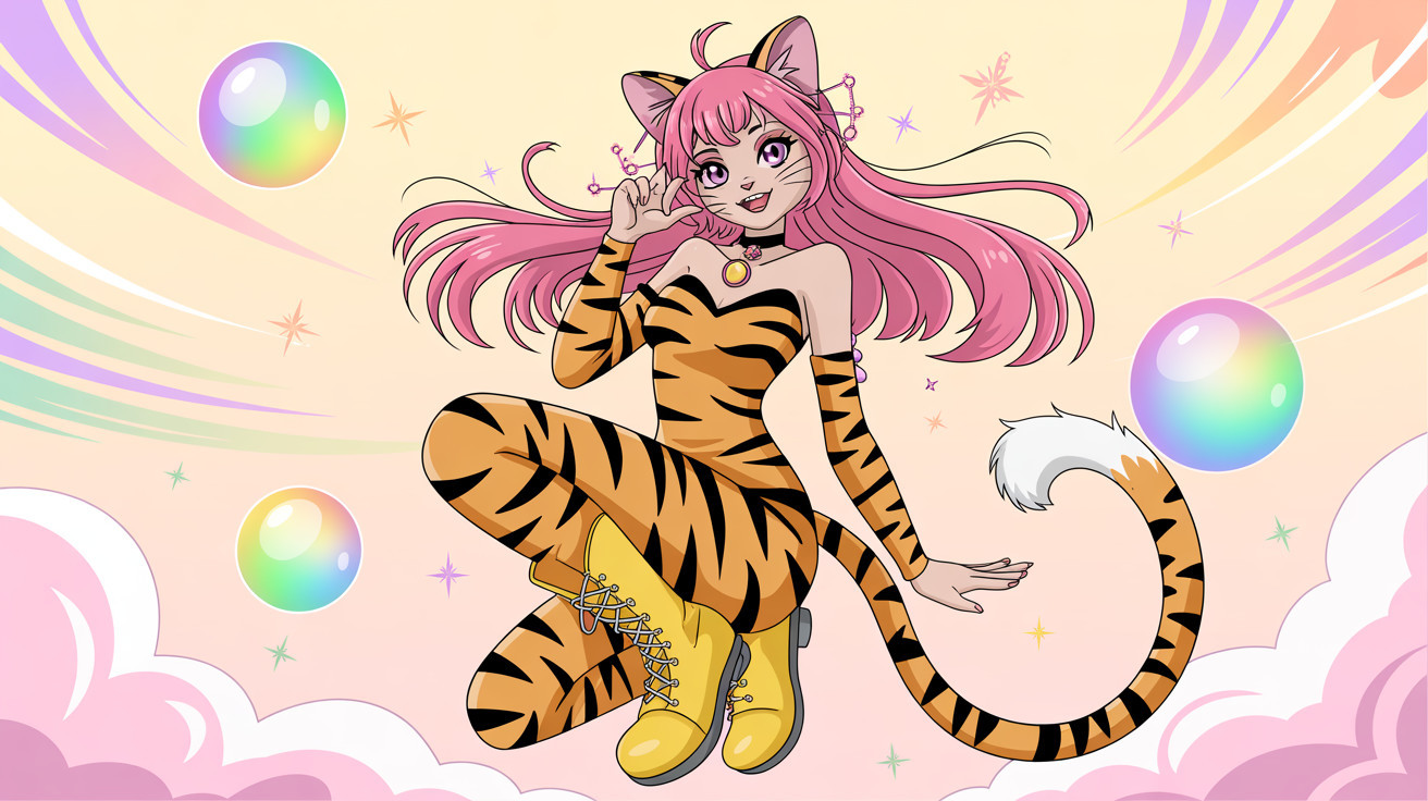 Anime girl with pink hair and tiger-striped bodysuit