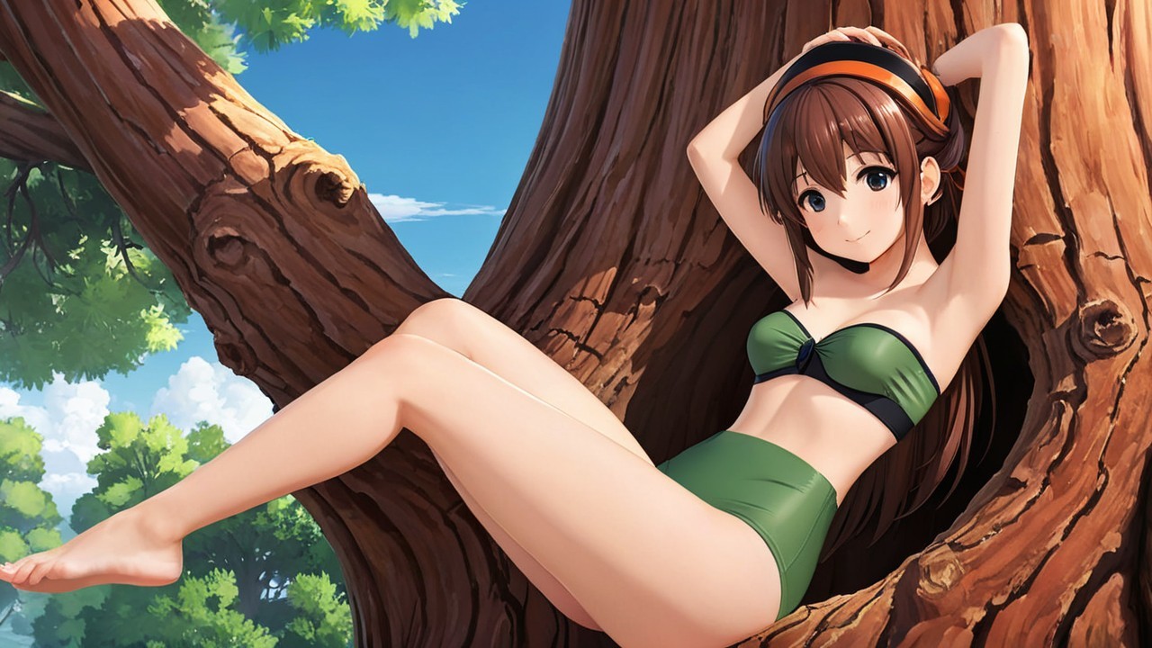 Girl in a Tree Hollow with Brown Hair and Headphones