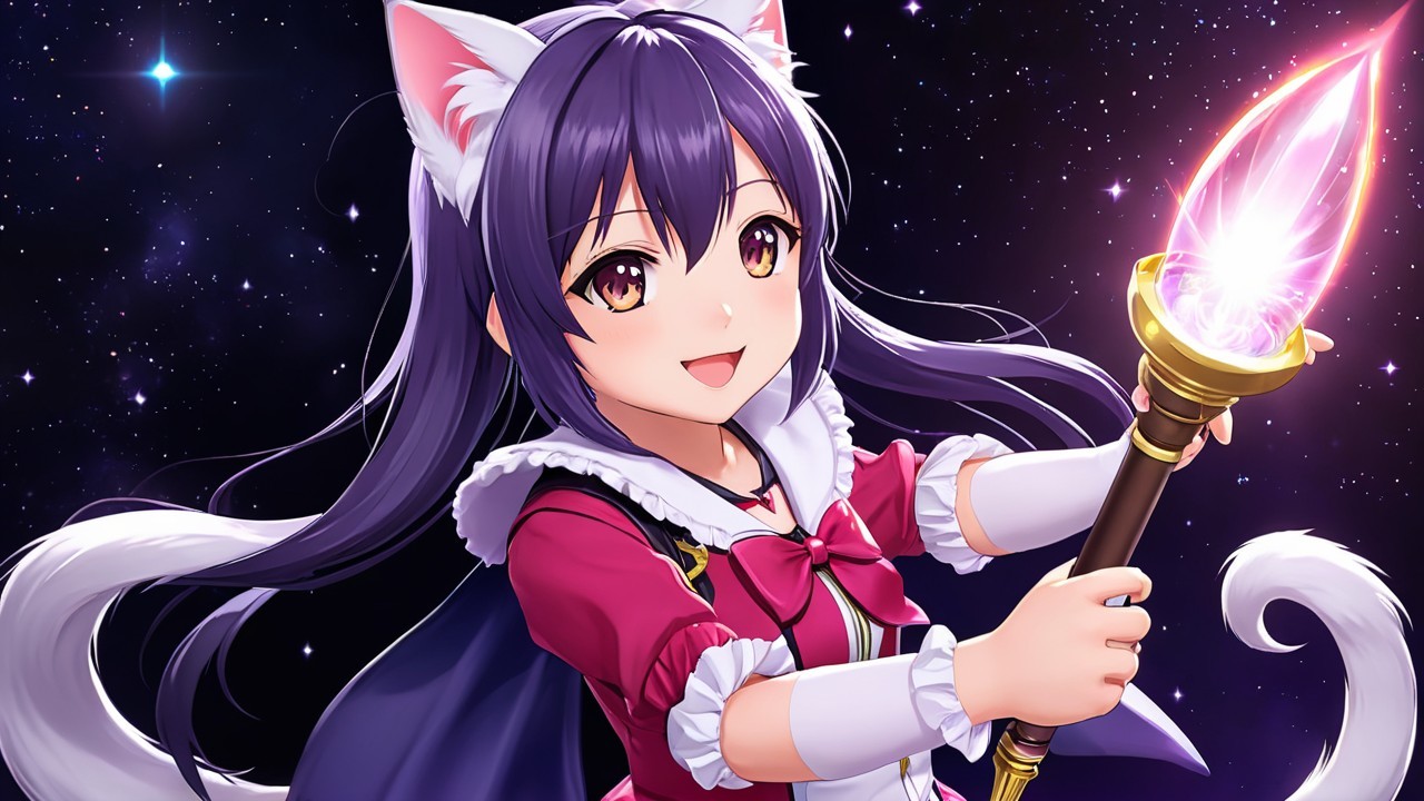 Young girl with cat ears and magical staff in cosmos