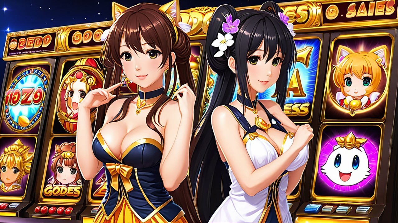 Anime Characters Posing with Colorful Slot Machine