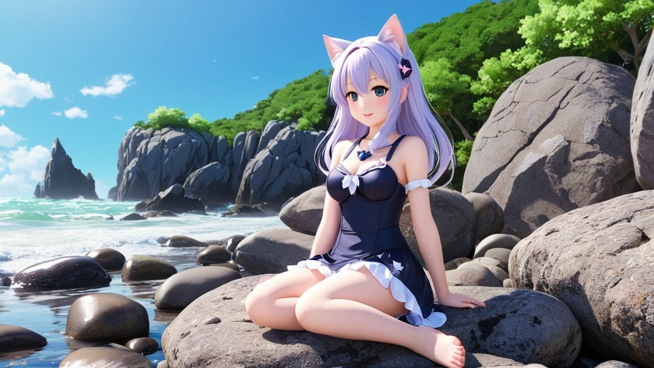 Cute anime character by the seaside in dark swimsuit