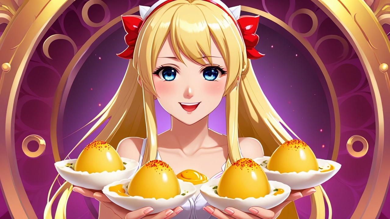 Anime Character with Egg Dishes on Purple Background