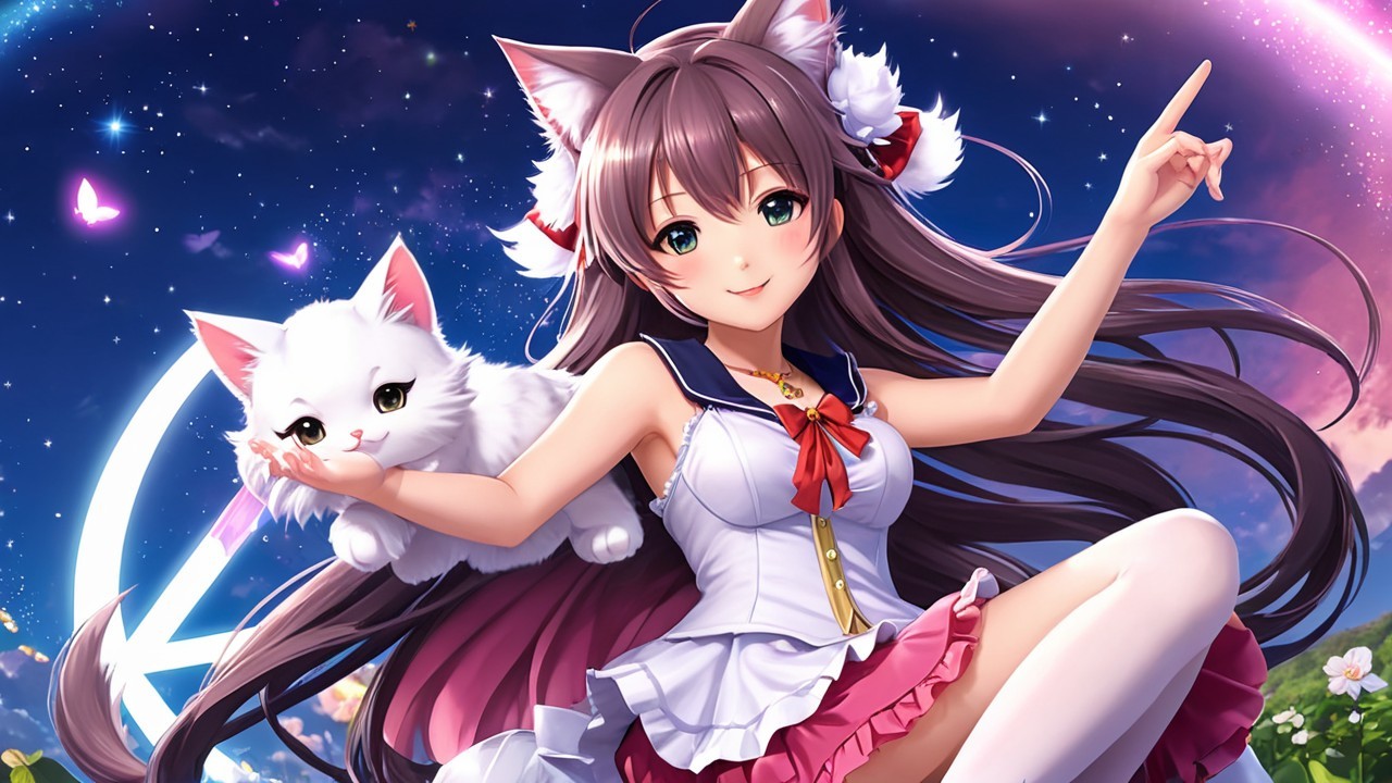 Cheerful Anime Girl with Cat Ears and Fluffy Cat