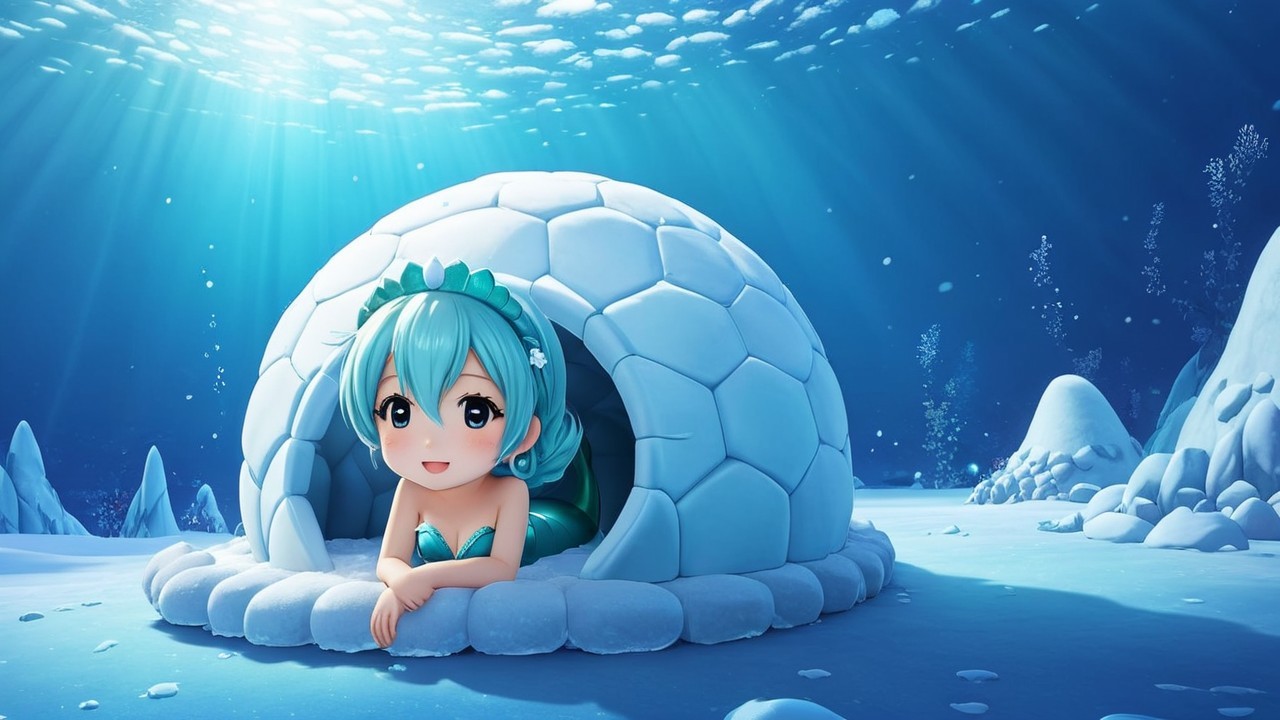 Cheerful animated character in snowy igloo scene