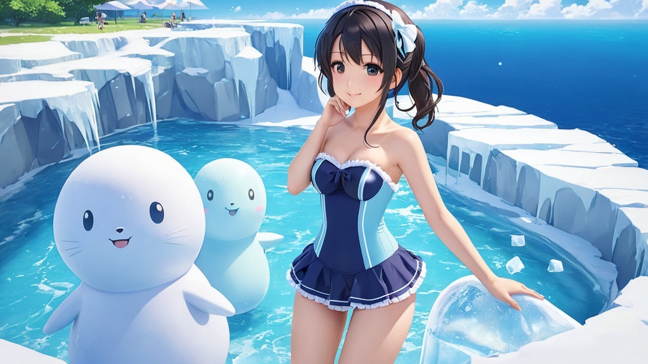 Cheerful girl by blue pool with cartoon seals