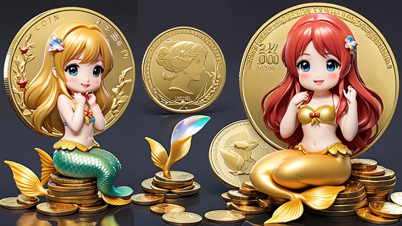 Vibrant Mermaid Figurines with Gold Coins Background