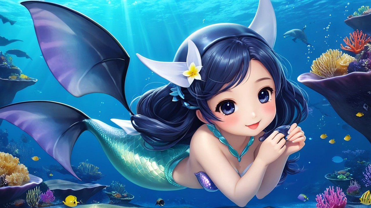 Whimsical Underwater Scene with Cheerful Mermaid