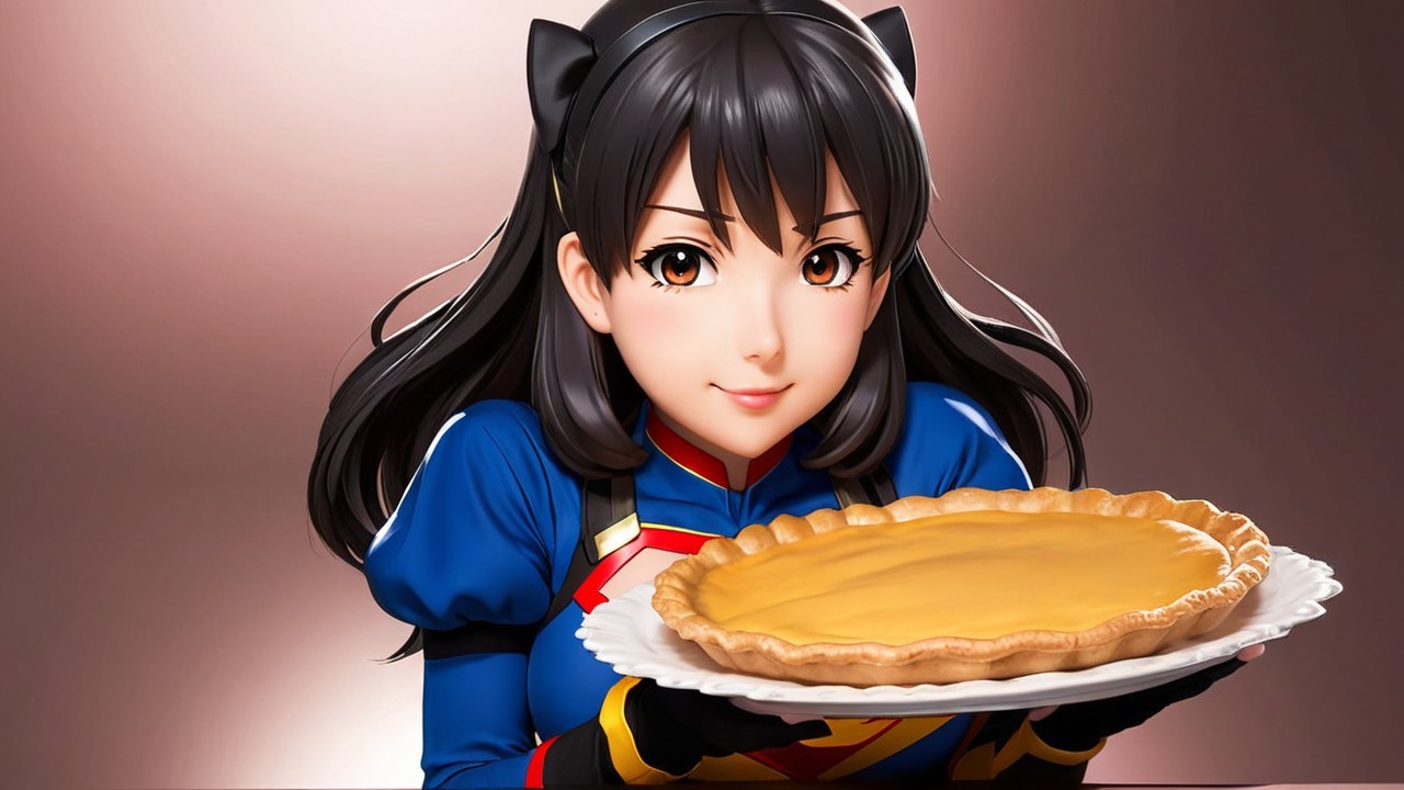 Superhero Character with Pumpkin Pie in Cozy Setting