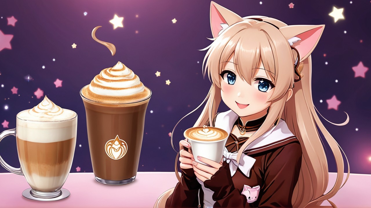 Cheerful anime character with drinks under starry sky