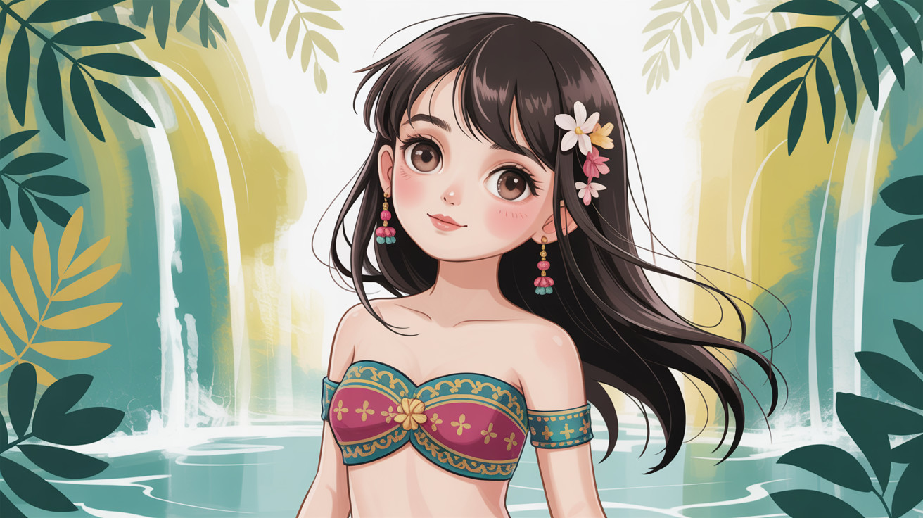 Portrait of a girl in tribal-patterned attire with nature backdrop