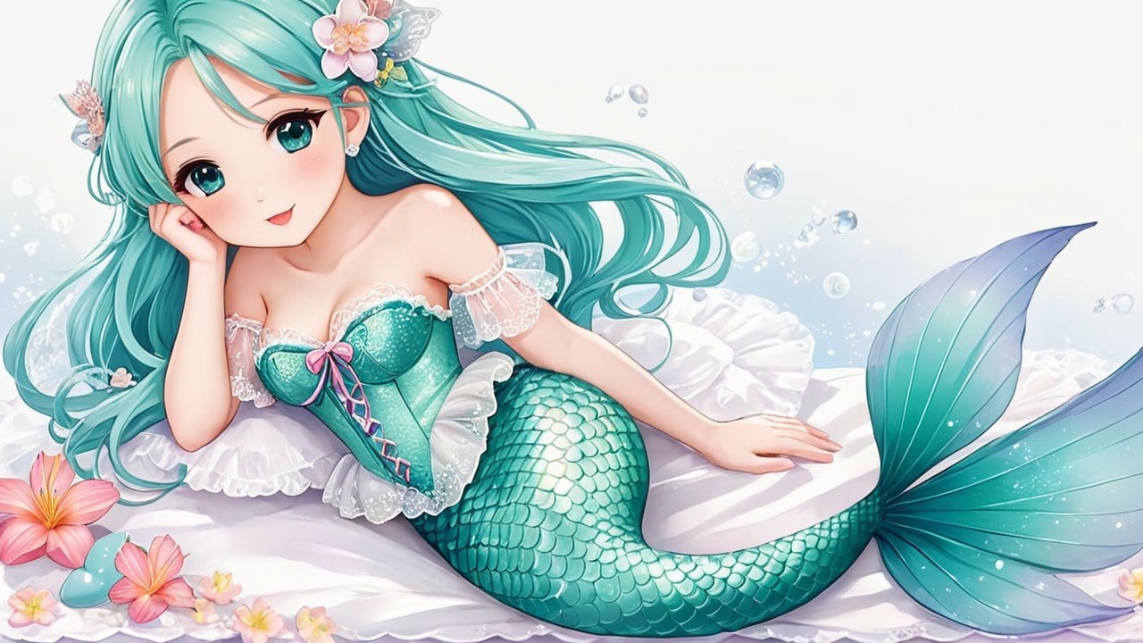Charming Mermaid with Turquoise Hair and Flowers