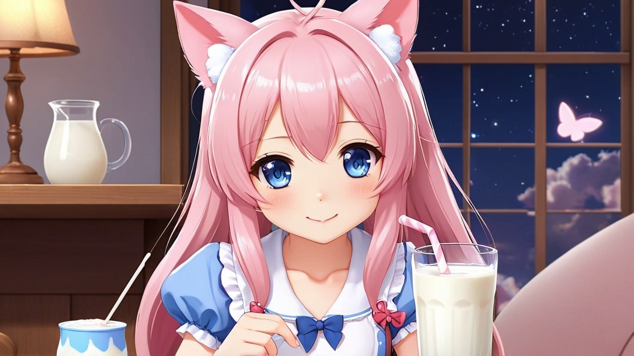 Anime girl with pink hair and cat ears in cozy setting