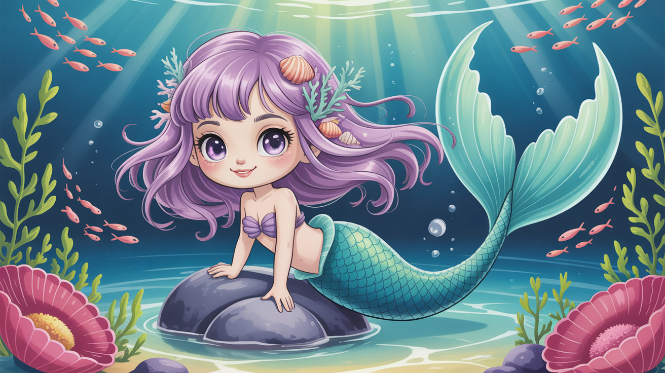 Chibi Mermaid with Purple Hair in Vibrant Underwater Scene
