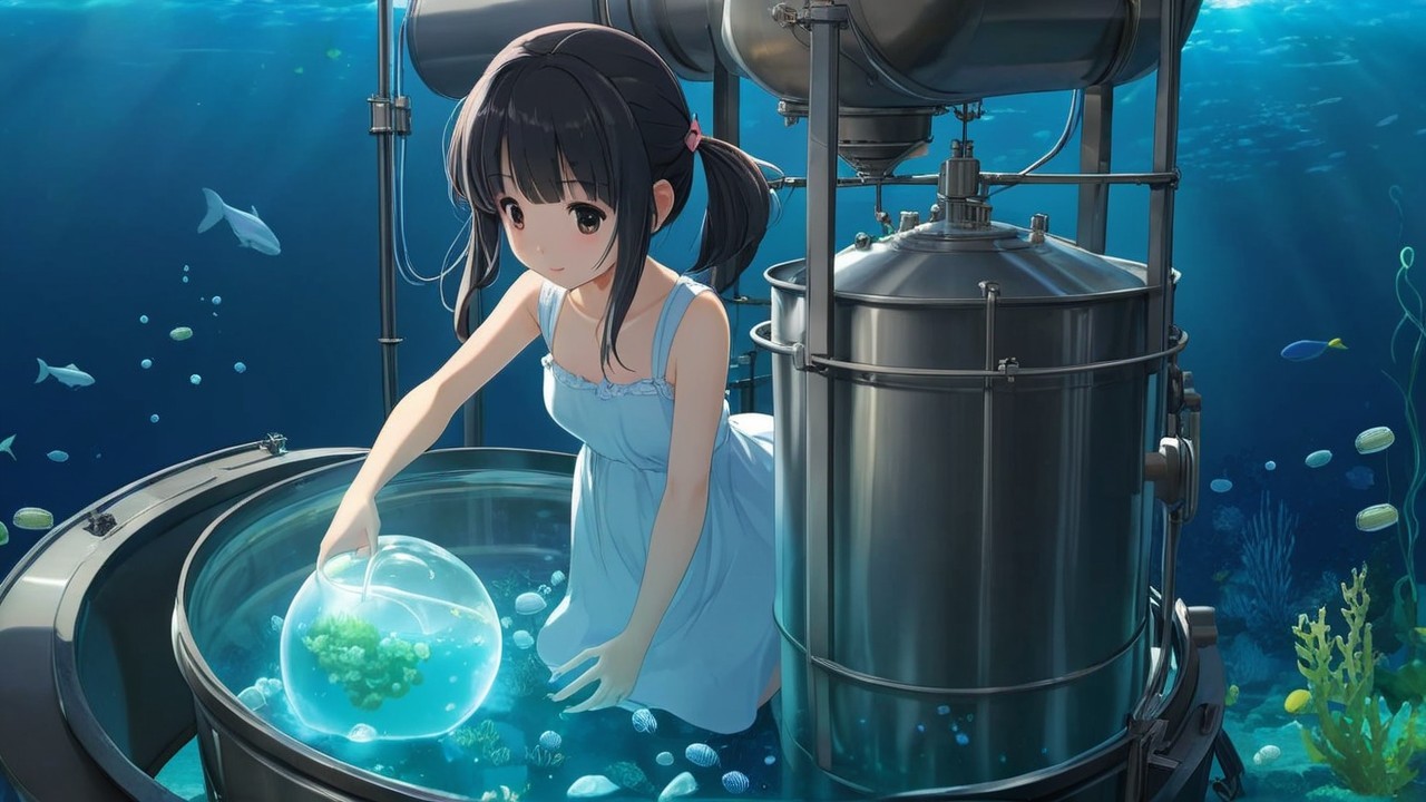 Young girl explores submerged bowl in vibrant water scene