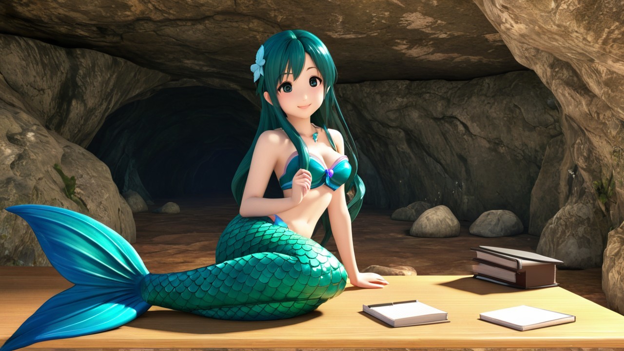 Cheerful Animated Mermaid in Enchanting Cave Setting