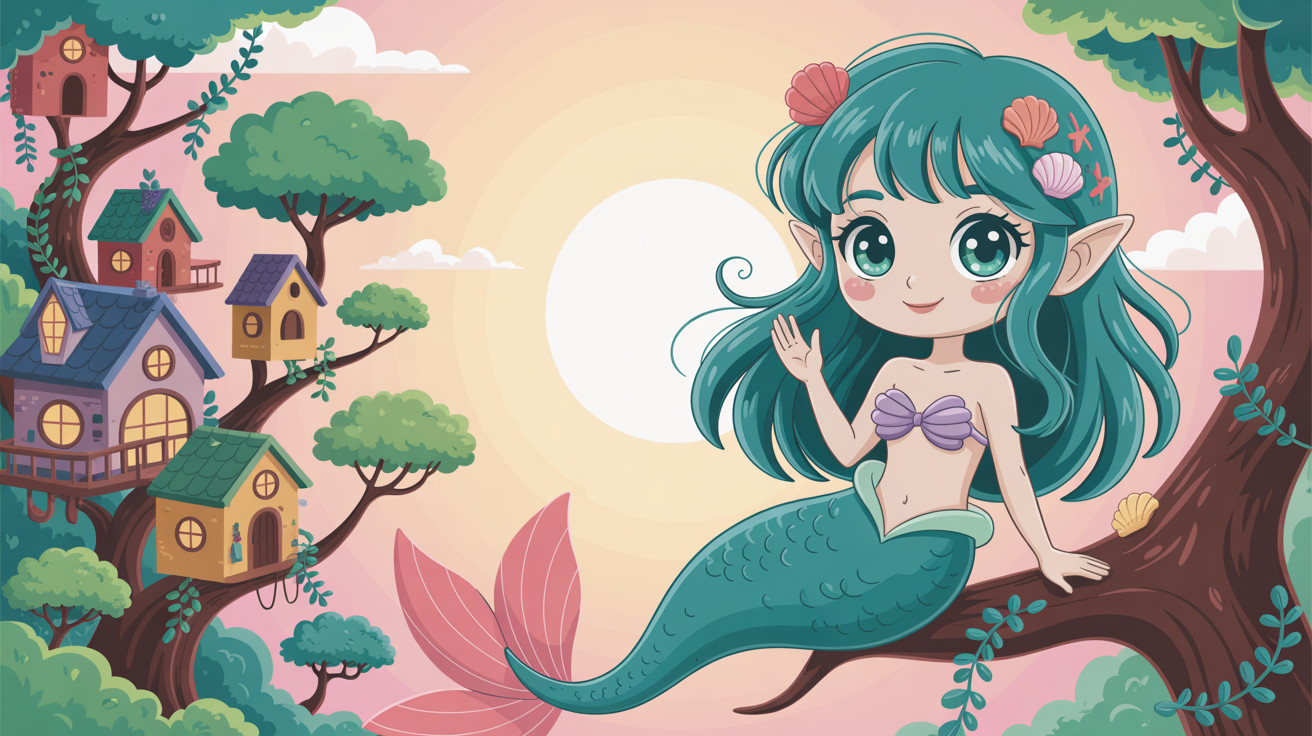 Chibi Mermaid in Magical Forest with Treehouses