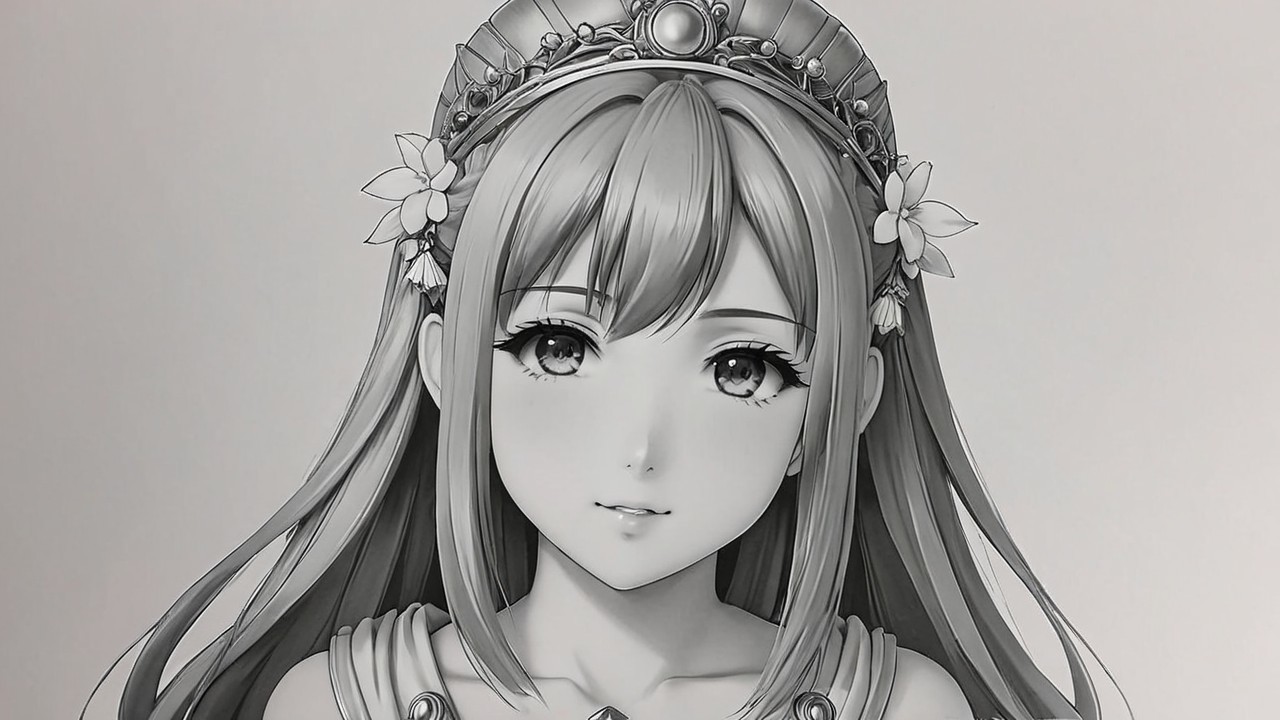 Detailed Black-and-White Illustration of Female Character