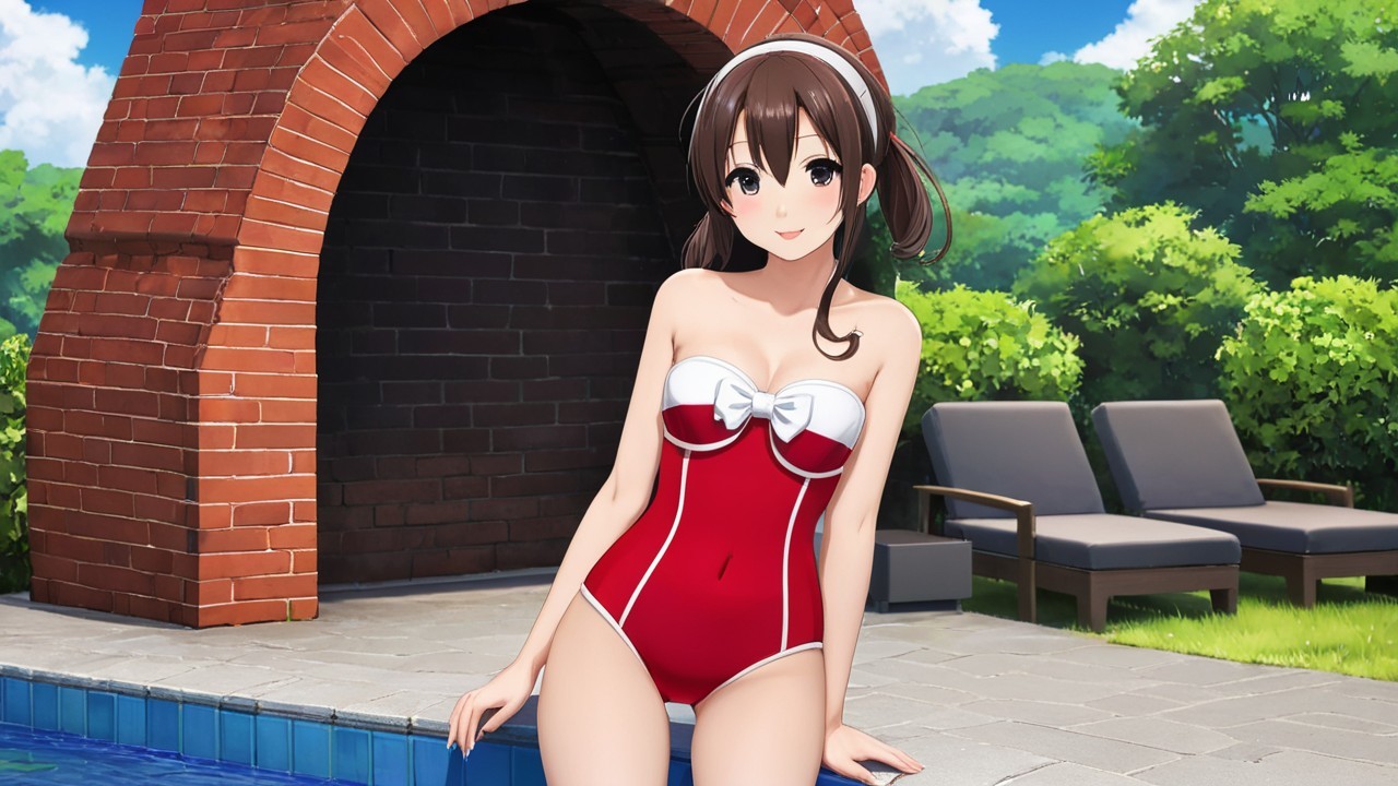 Young woman in red and white swimsuit by poolside