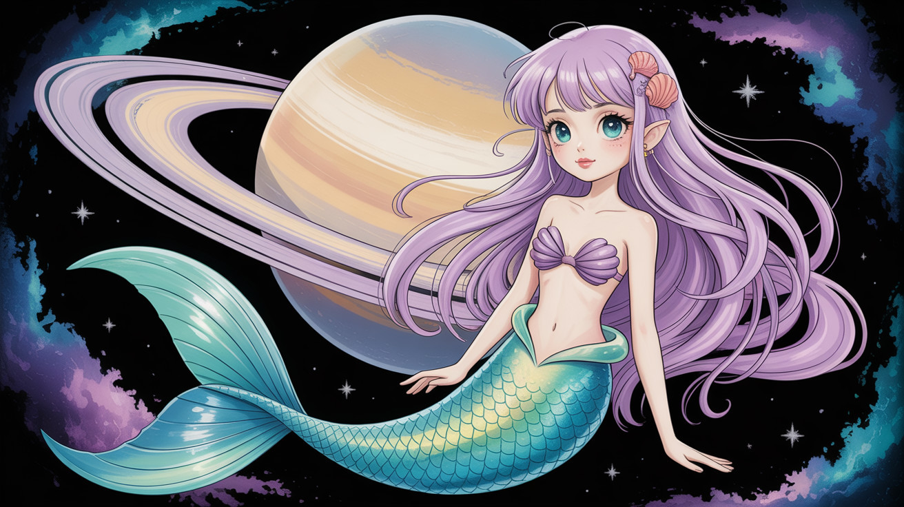 Anime-style mermaid in space with pastel Saturn and stars