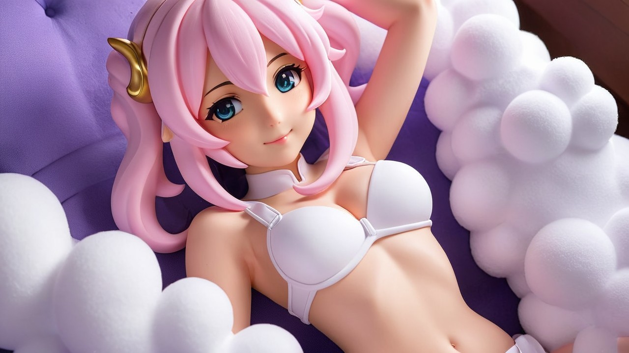 Stylized Character with Pink Hair on Purple Surface