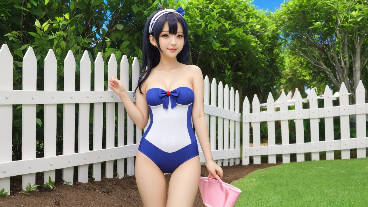 Young woman in blue and white swimsuit by fence