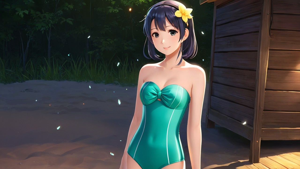 Young Woman in Teal Swimsuit at Twilight Beach