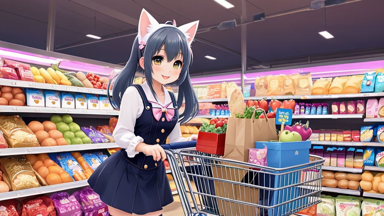 Cheerful girl with cat ears in vibrant grocery store