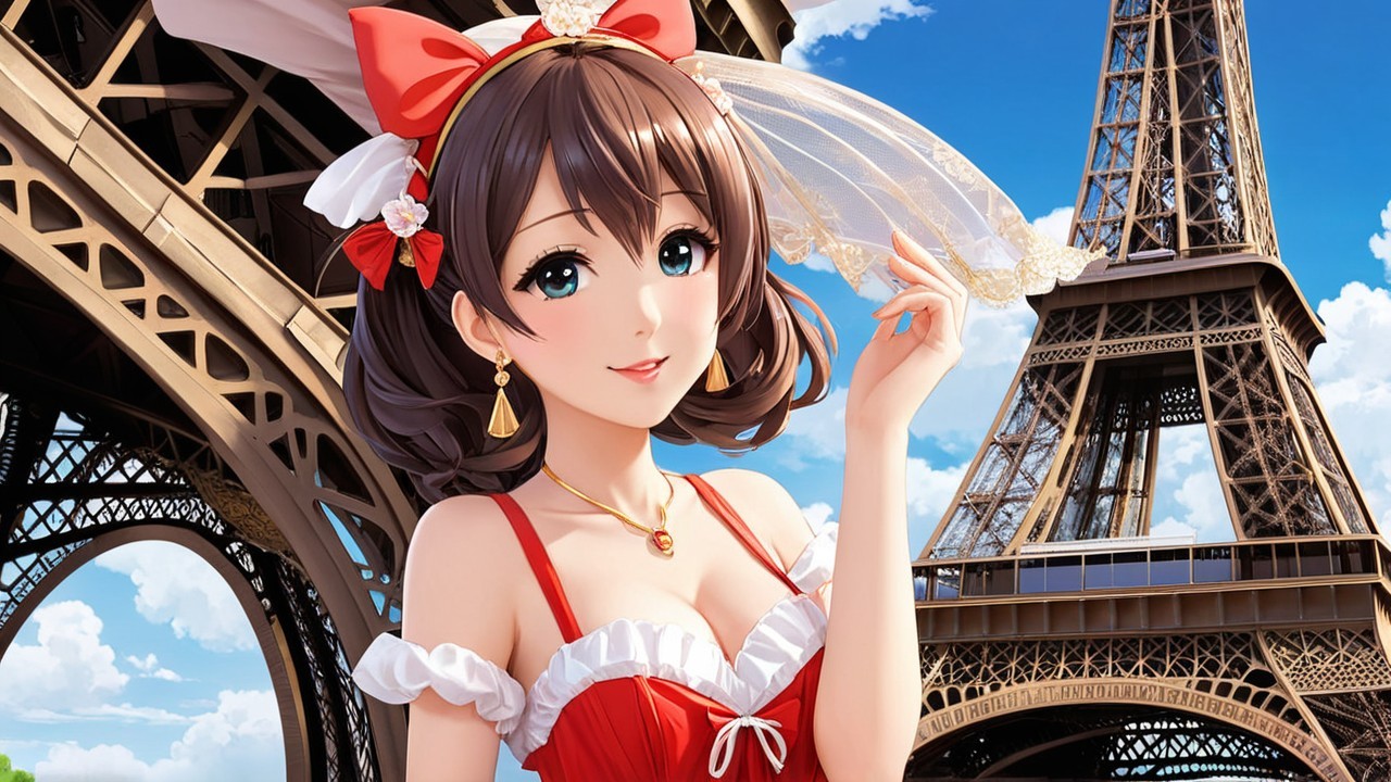 Anime Character at Eiffel Tower in Red Outfit