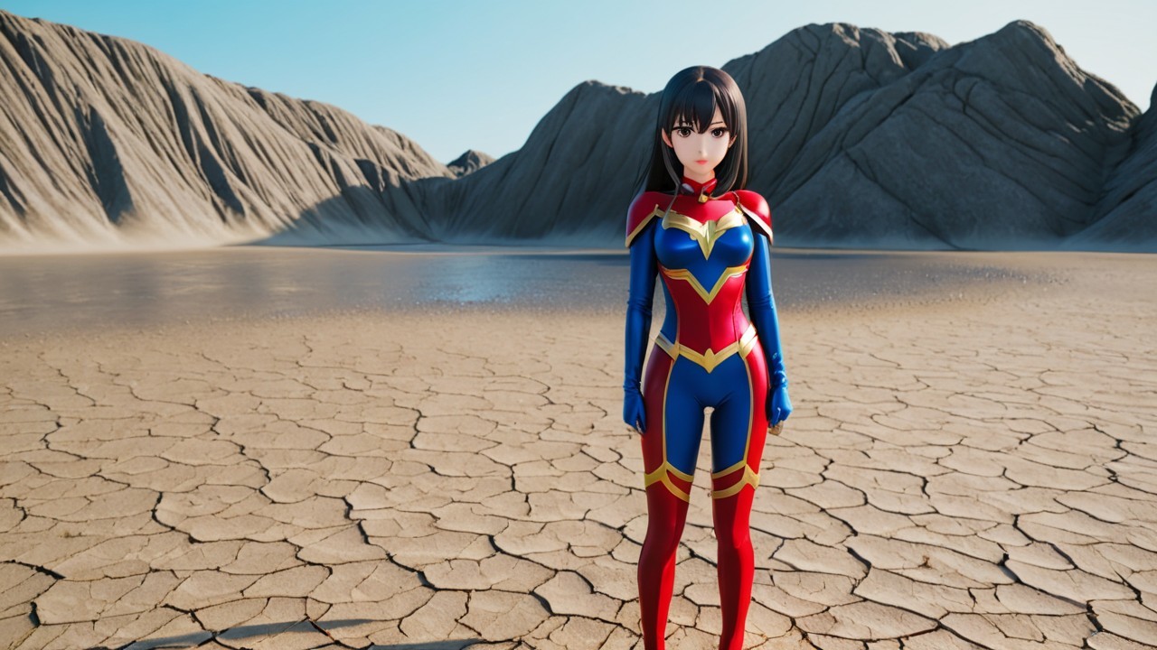 Anime-Inspired Female Superhero in Barren Landscape