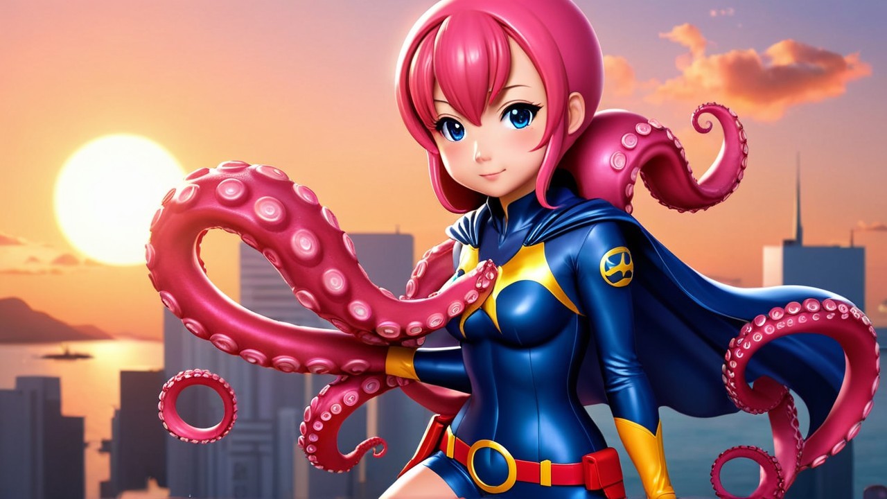 Anime-style character with tentacles at sunset cityscape